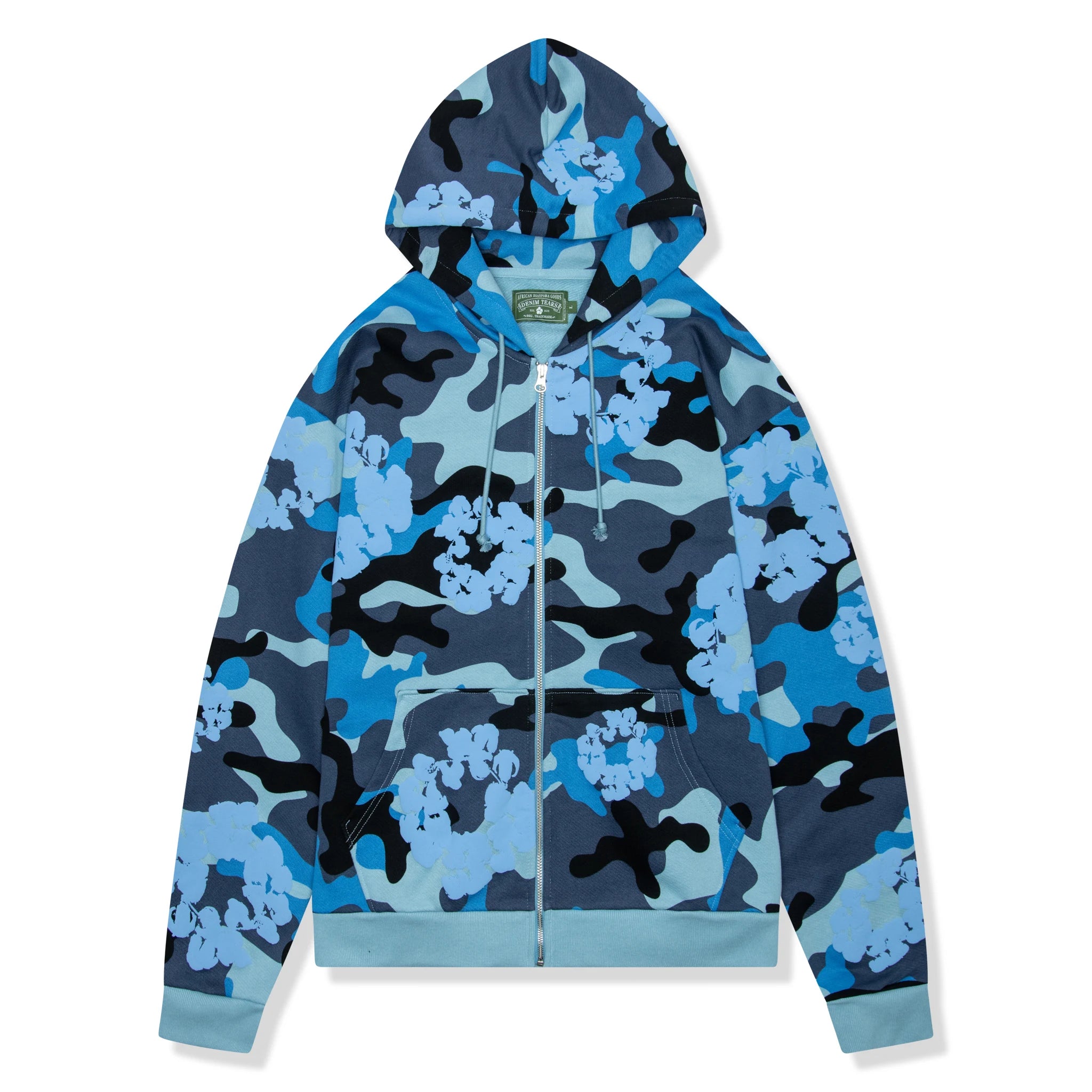 Front view of Denim Tears Blue Camo Cotton Wreath Zip-Up Hoodie